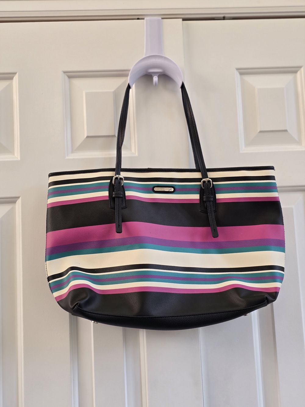 Dana Buchman Black Tote with Pink, Teal & Cream Stripes
